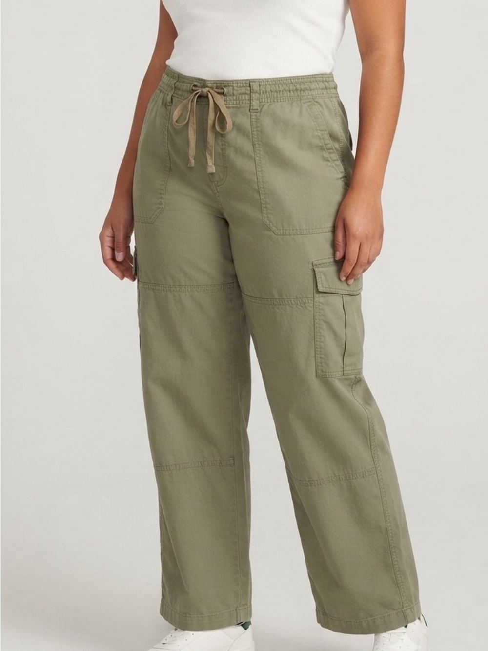 Liz Claiborne Olive Green Cargo Pants Drawstring Waist Utility Wide Leg Trousers